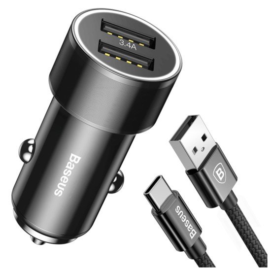 BASEUS Ładowarka samochodowa 2x USB + Kabel USB-C